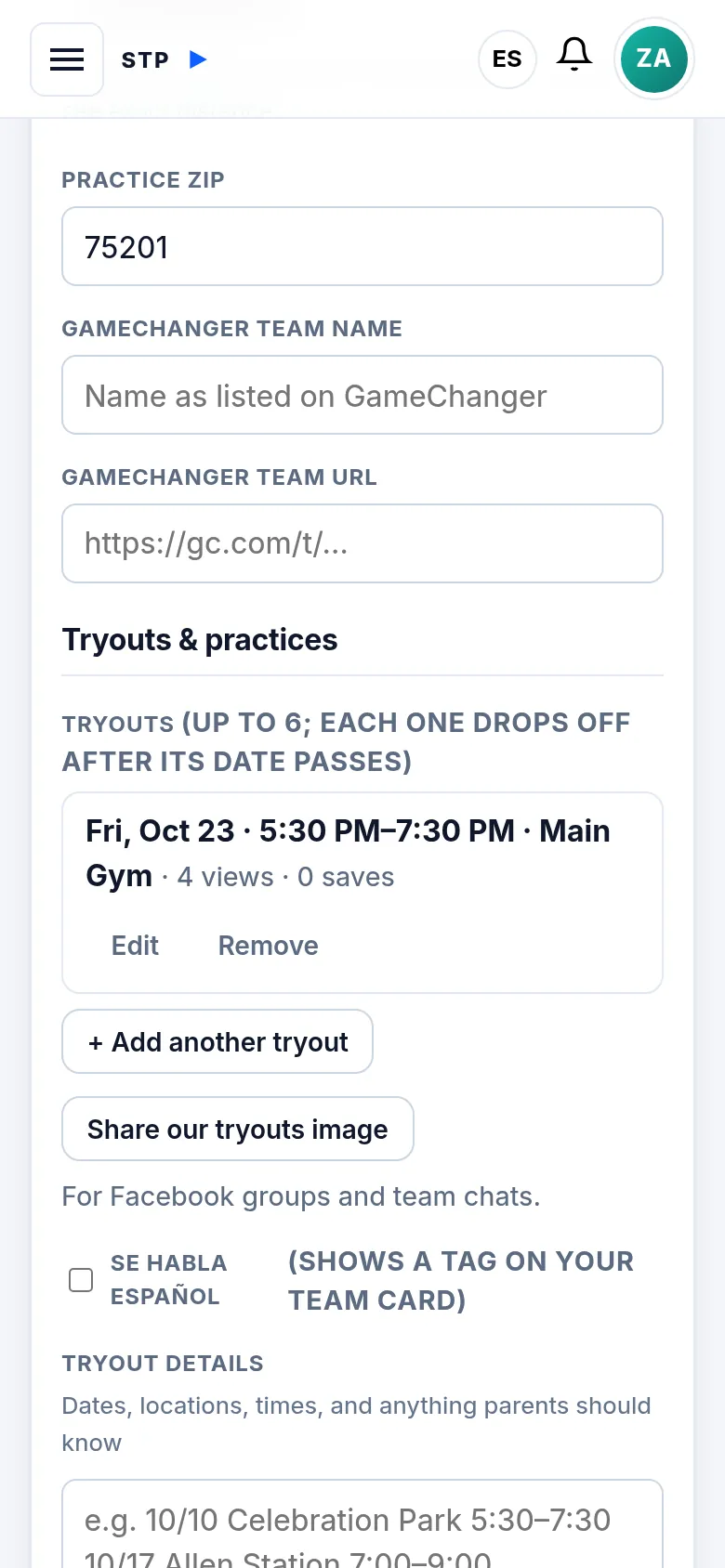 The team editor with tryouts