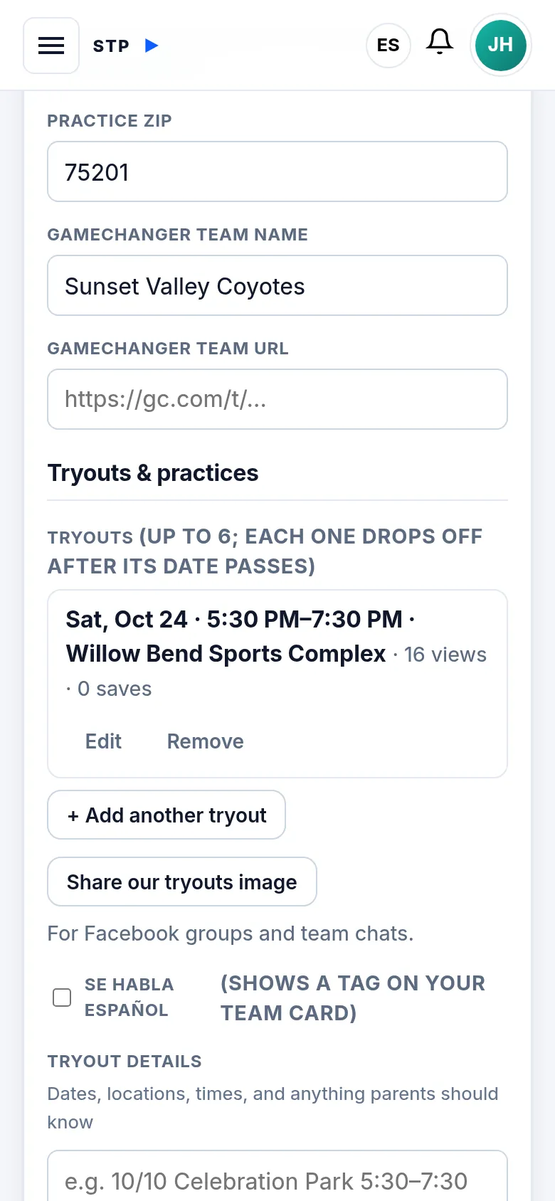 The team editor with tryouts