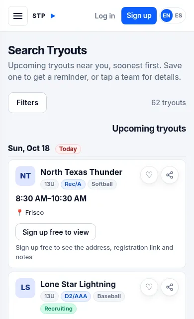 Search Tryouts: upcoming tryouts, soonest first