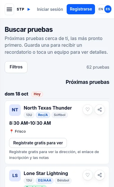 Buscar pruebas: próximas pruebas, las más pronto primero