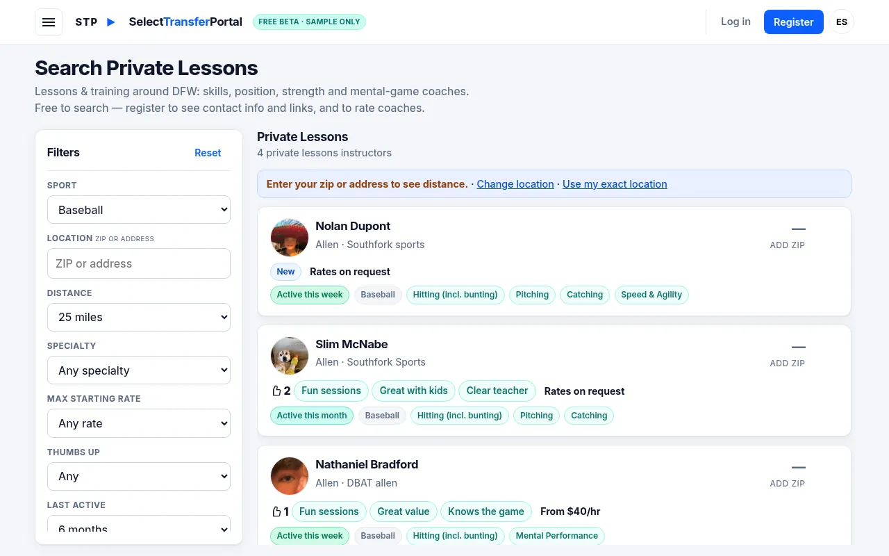 Search Private Lessons results