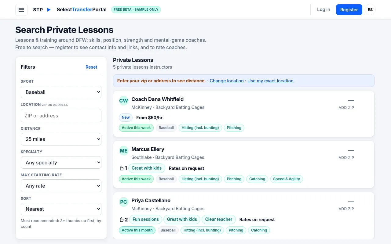 Search Private Lessons results