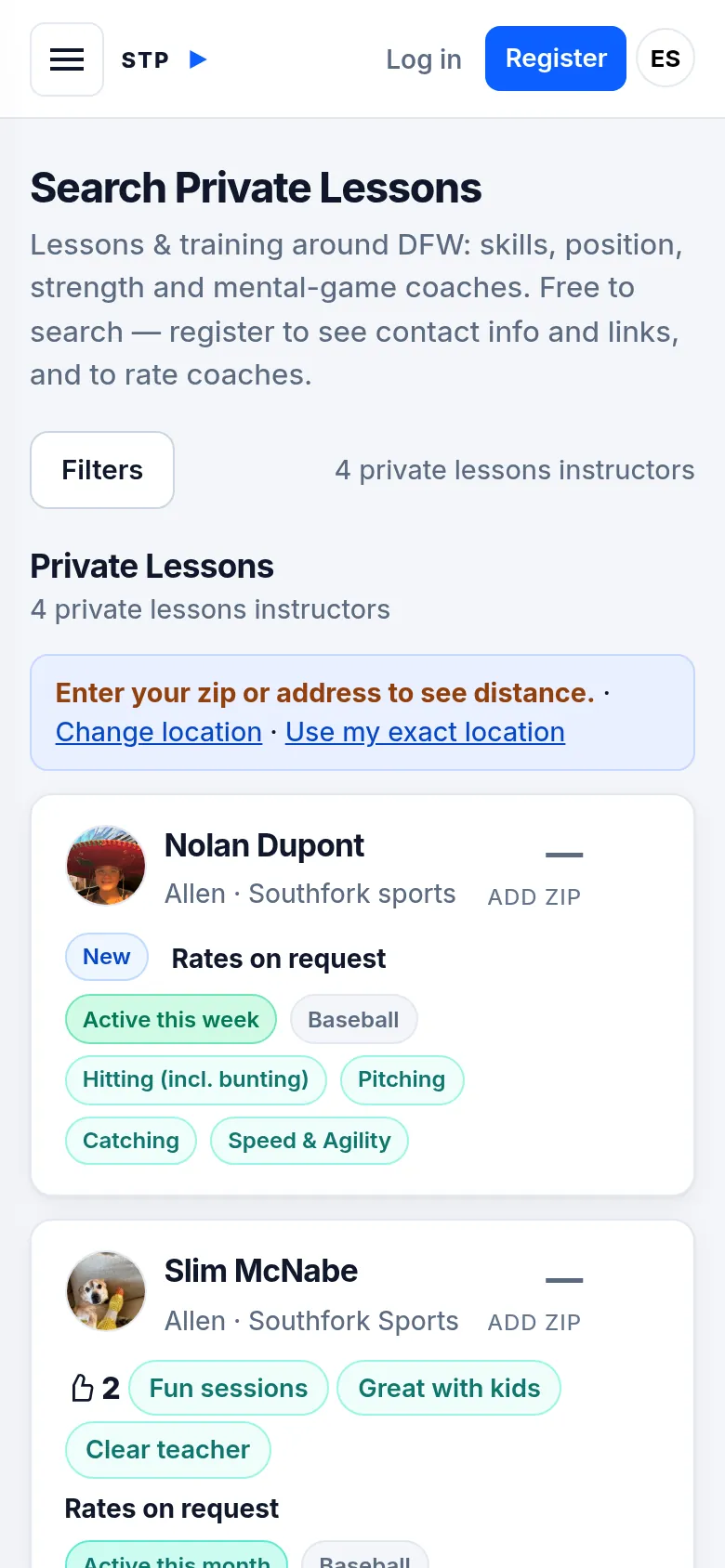 Search Private Lessons results