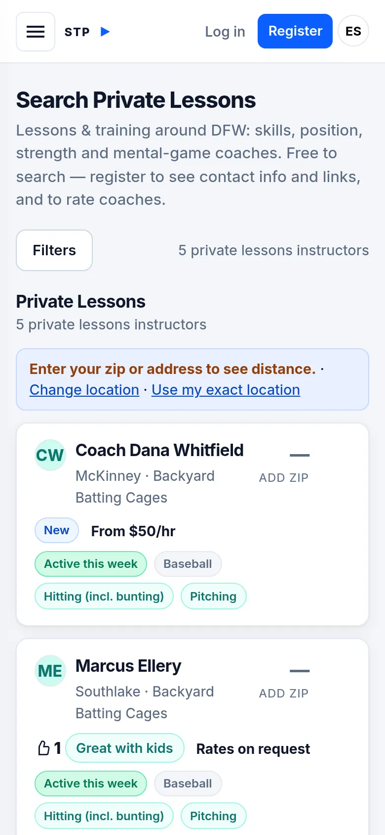 Search Private Lessons results