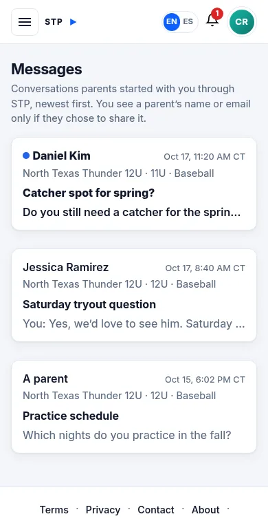 Messages list with one unread conversation