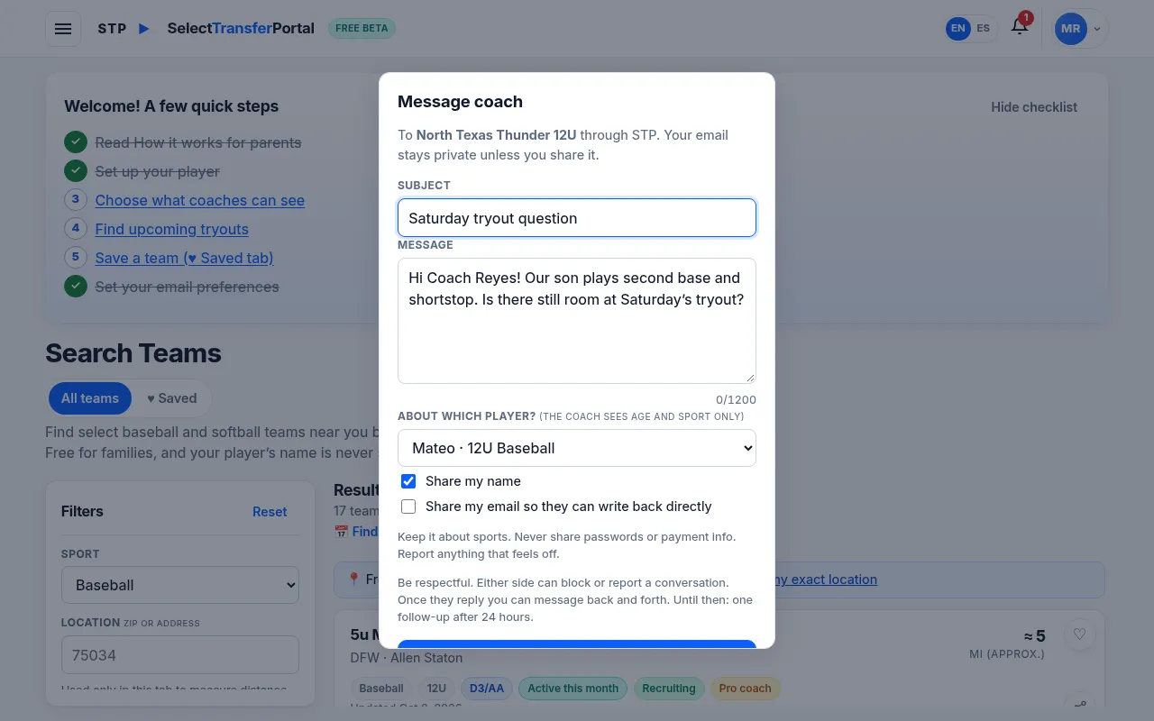 Writing a private message to a coach, with Share my name and Share my email choices
