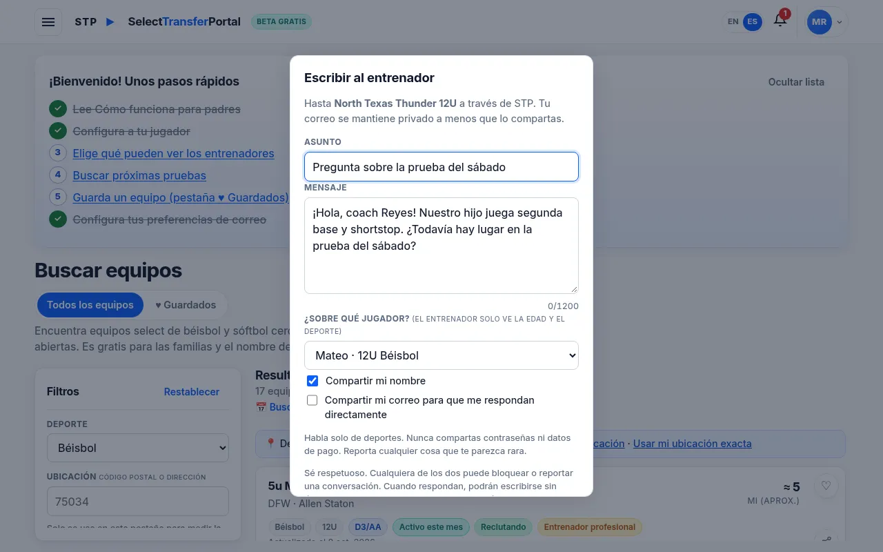 Escribir un mensaje privado a un entrenador, con las opciones Compartir mi nombre y Compartir mi correo