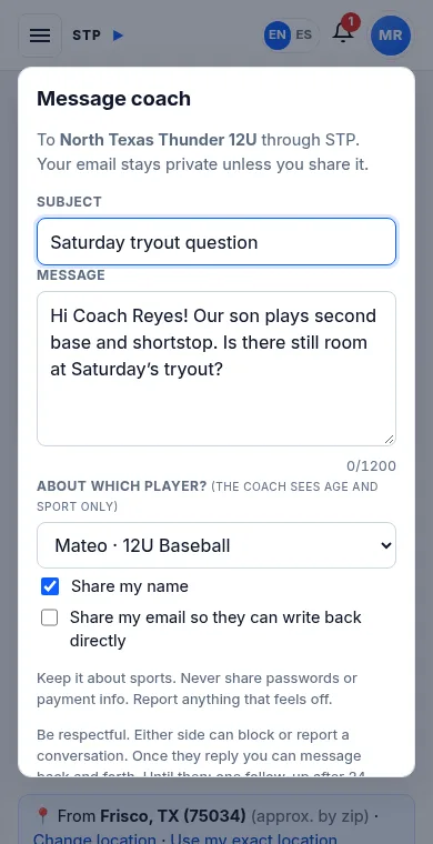 Writing a private message to a coach, with Share my name and Share my email choices