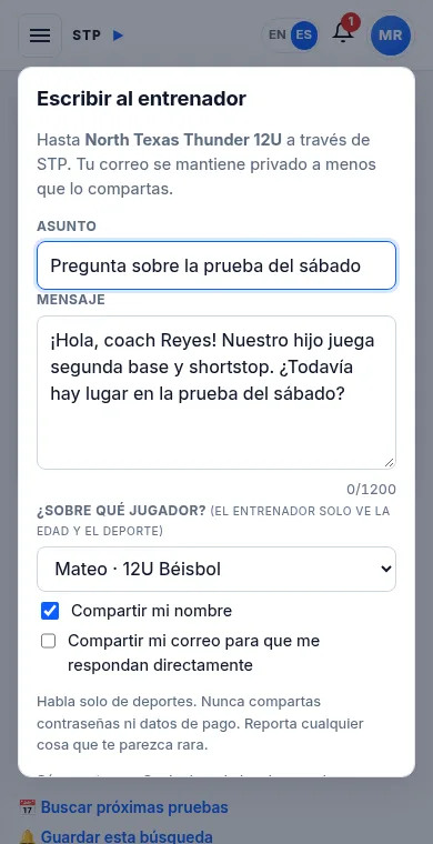 Escribir un mensaje privado a un entrenador, con las opciones Compartir mi nombre y Compartir mi correo