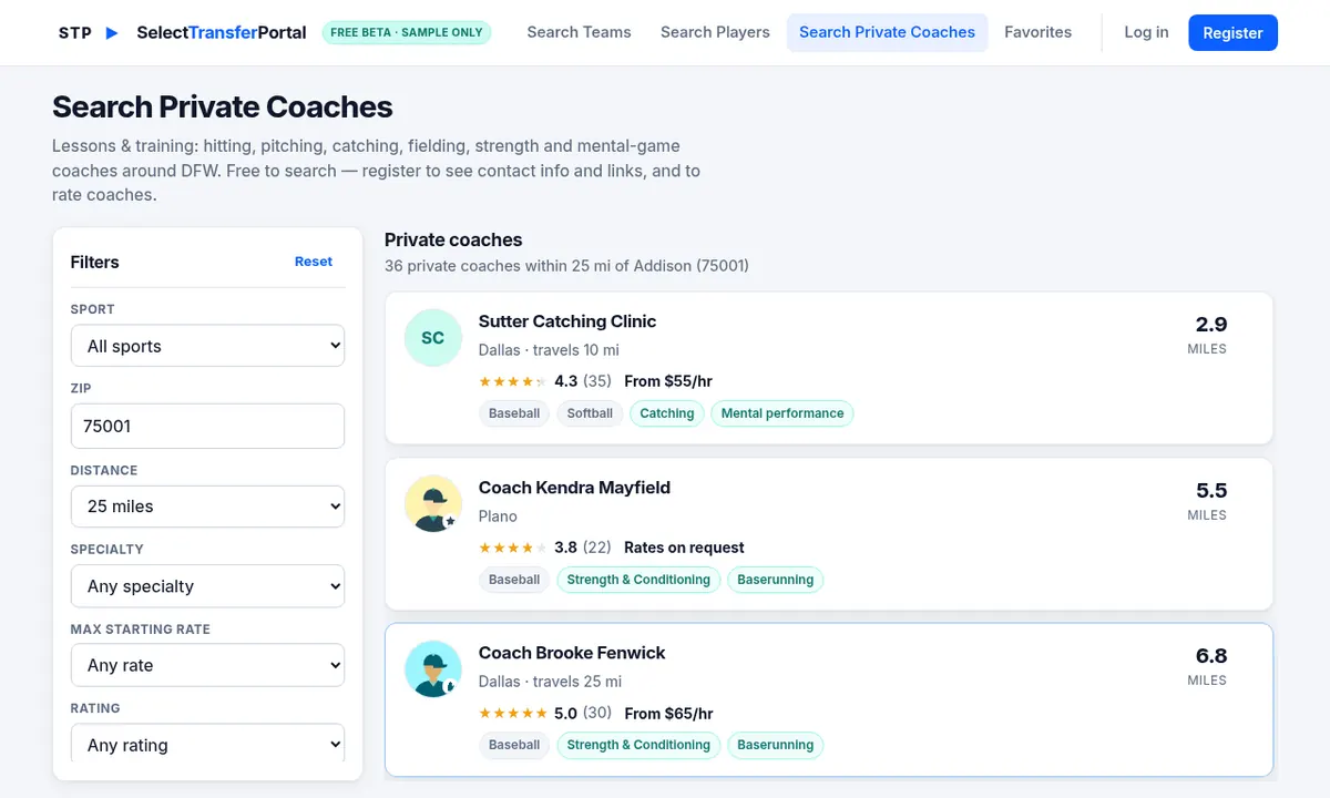Search Private Coaches: coach cards with specialties, rate and rating