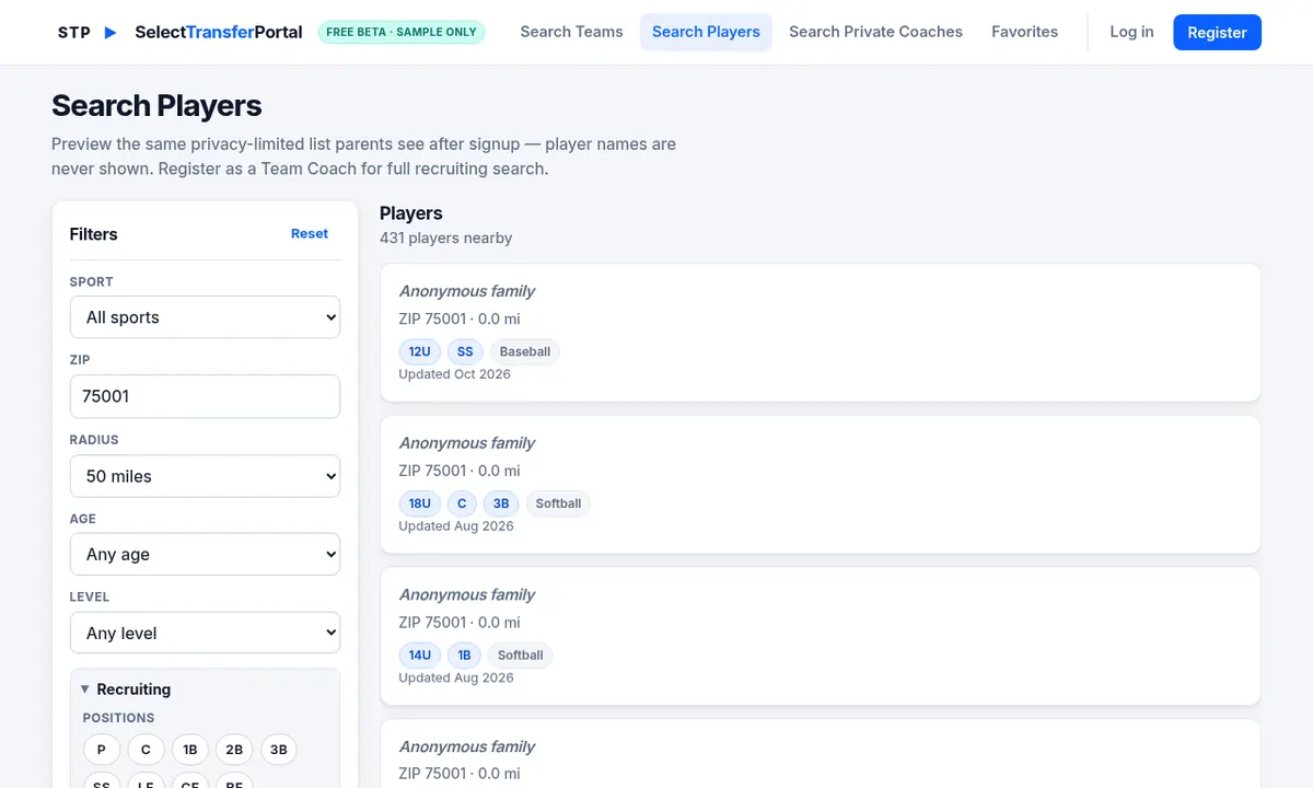 Search Players: anonymous player cards show age group, positions, sport and ZIP, with no names