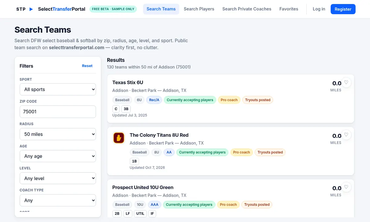 Search Teams: team cards with age group, level, distance and open positions